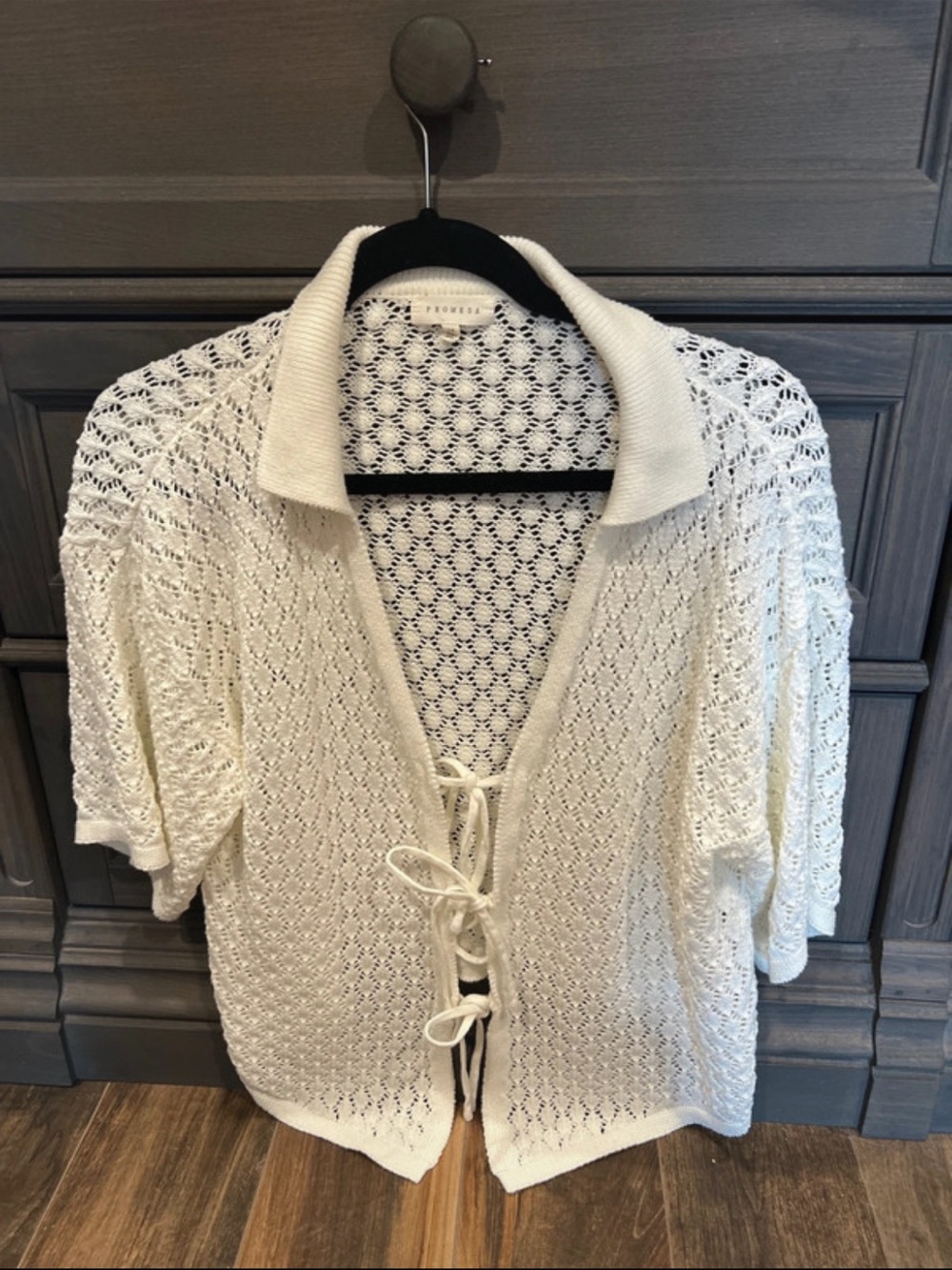 Promesa Cream Open-Knit Tie-Front Short Sleeve Cardigan with Collar